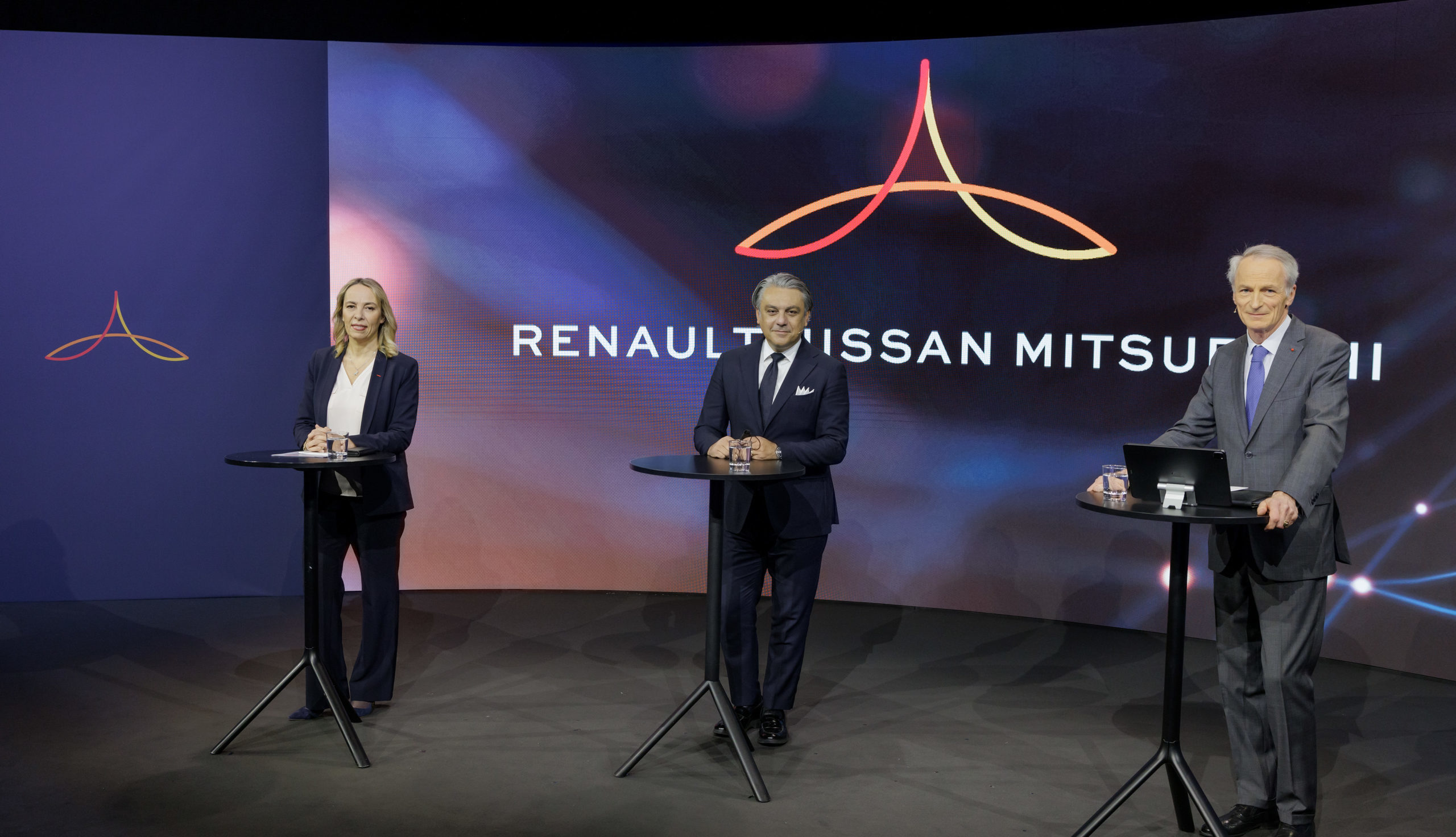 Clotilde Delbos, CFO of Renault, Luca De Meo, CEO of Renault, and Jean-Dominique Senard, Renault chairman