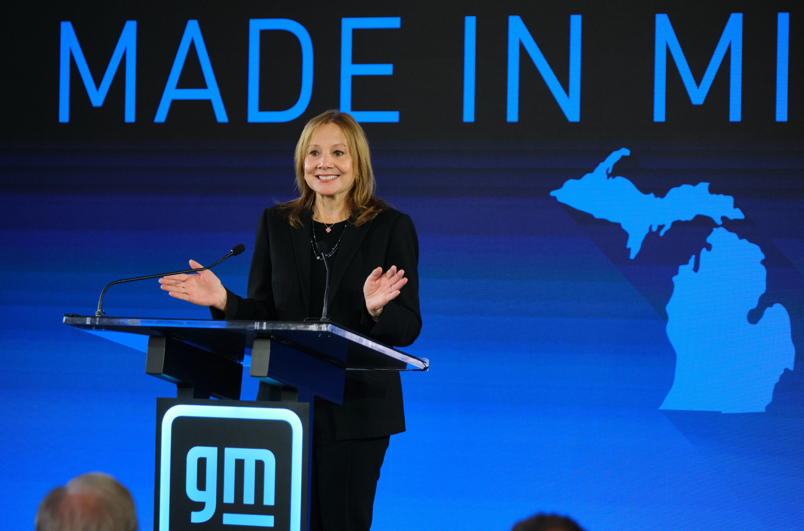 General Motors Chair and CEO Mary Barra announces Tuesday, January 25, 2022 a GM investment of more than $7 billion in four Michigan manufacturing sites that includes building a new Ultium Cells battery cell plant in Lansing and converting the GM Orion Assembly plant to build full-size electric pickups. The investment will create 4,000 new jobs and retain 1,000. Barra made the announcement from the Senate Hearing Room of the Boji Tower in Lansing, Michigan. (Photo by Steve Fecht for General Motors)