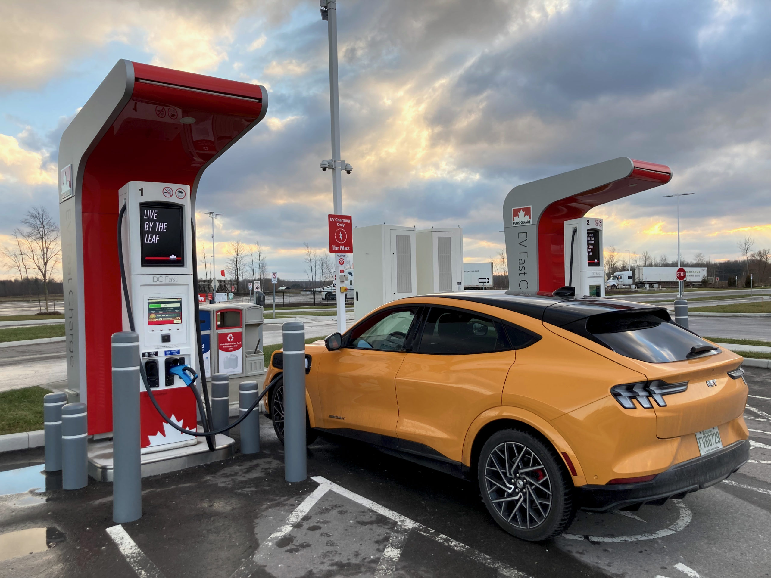Charging the 2022 Ford Mach-E GT at the PetroCanada fast charger near Alliston, ON