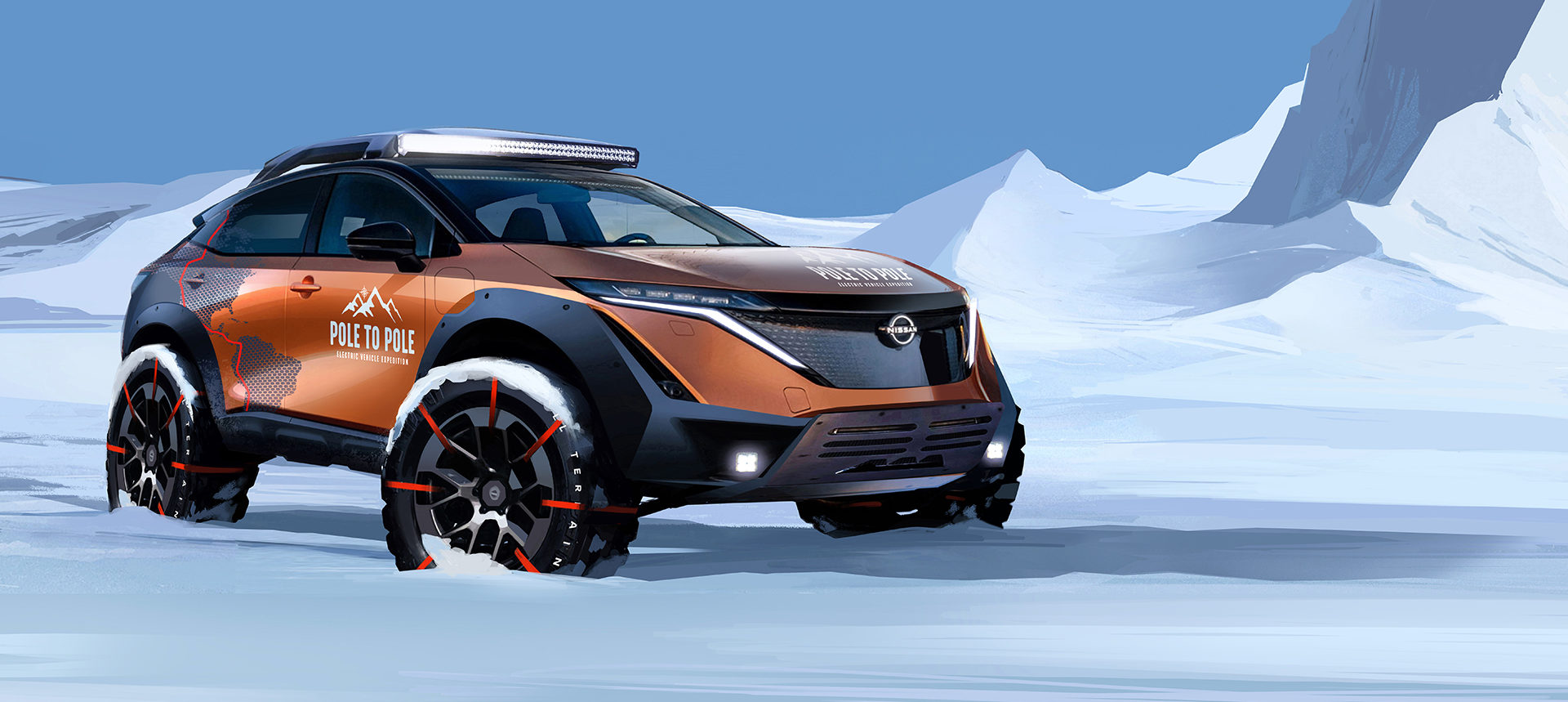 Nissan announced its partnership with British adventurer, Chris Ramsey, to undertake the world’s-first all-electric driving adventure from the magnetic North Pole to the South Pole. / Nissan
