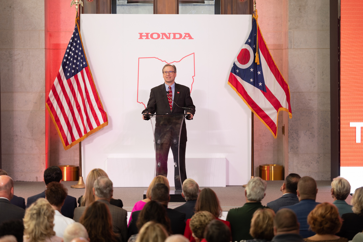 American Honda Motor Co. Executive Vice President Bob Nelson announces plans to invest in Honda’s electrified future at the Ohio Statehouse on October 11.