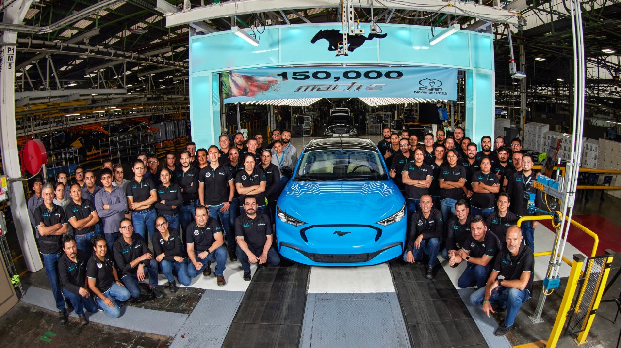 Employees at Ford's Cuautitlán Stamping and Assembly Plant celebrate the production of the 150,000th Mustang Mach-E.