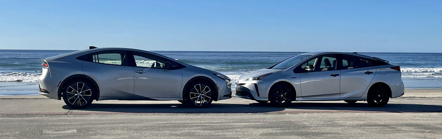 2023 Toyota Prius beside the 2022 version