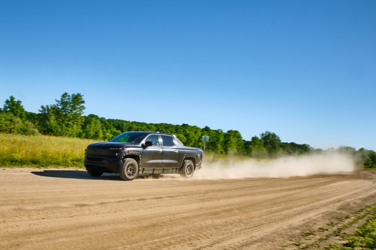 The Chevrolet Silverado EV engineering vehicle undergoing testing at General Motors Milford Proving Ground. Preproduction model shown.