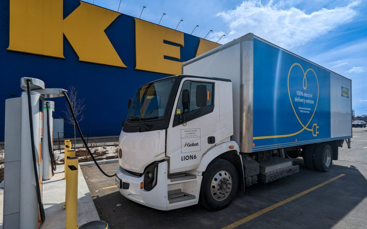 An IKEA Lion6 electric delivery van charging at one of its locations in Canada.