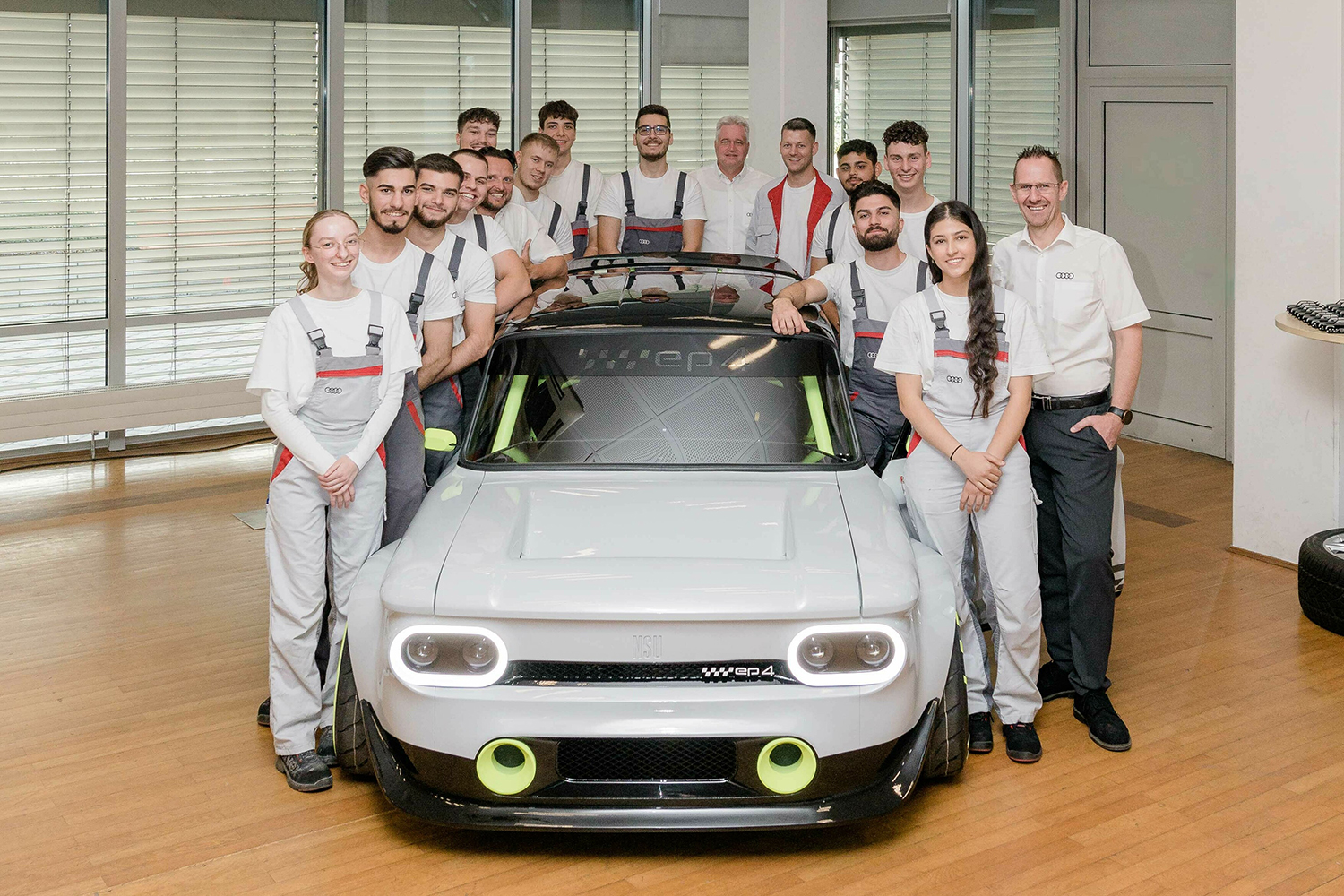 To mark the 150th anniversary of the NSU brand, apprentices from Audi Neckarsulm unveil an NSU Prinz they have converted into an electric car.